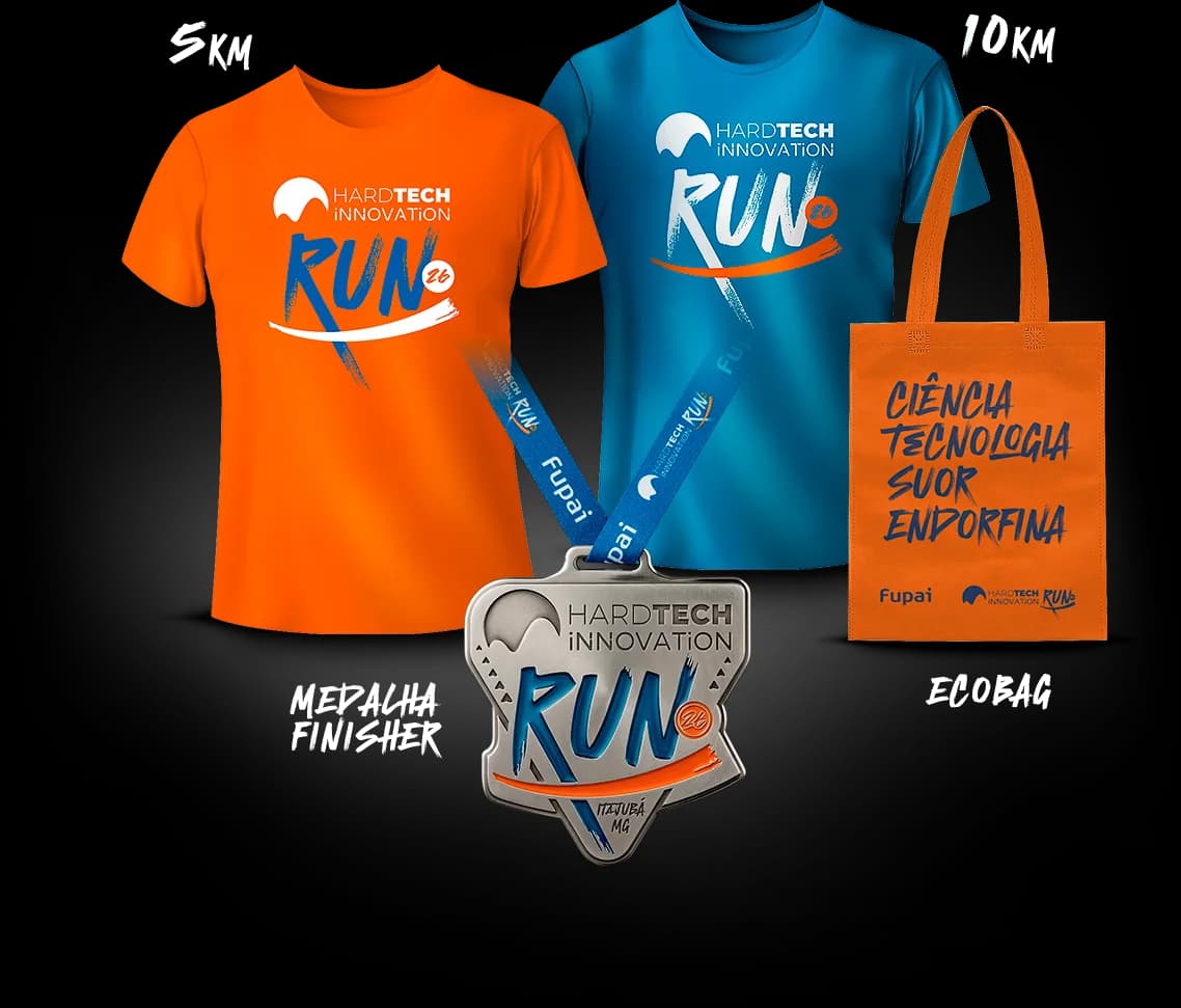Kit oficial, camisetas, medalha e ecobag HardTech Innovation Run